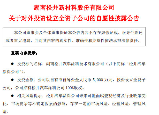 這個(ge) 塗企投5000萬(wan) 成立子公司 推動汽車塗料業(ye) 務發展