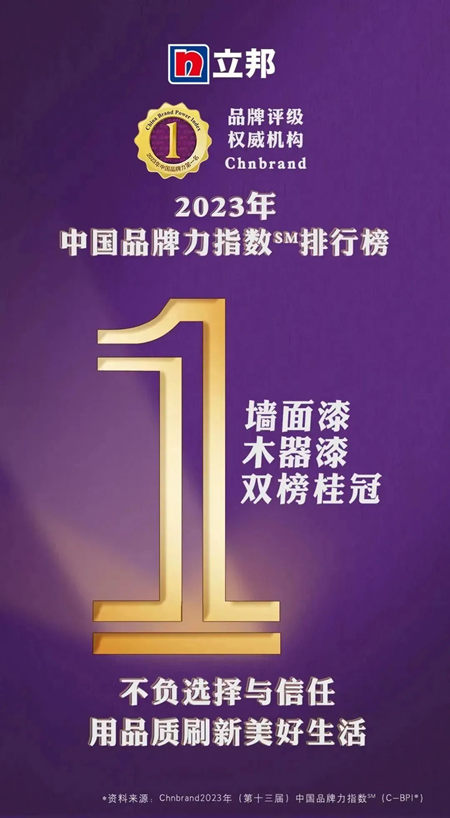 立邦牆麵漆與(yu) 木器漆蟬聯中國品牌力指數(C-BPI®)行業(ye) 第一！