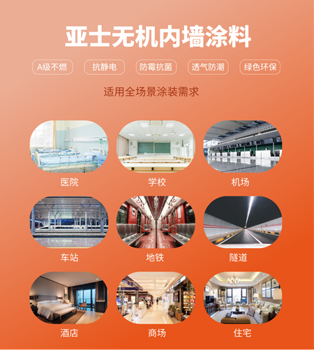 亞(ya) 士無機內(nei) 牆塗料，A級不燃，為(wei) 安全加碼