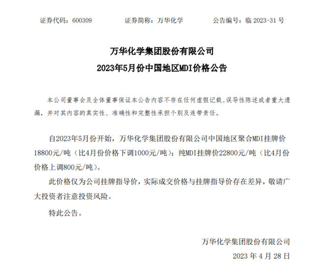 跌了！萬(wan) 華化學5月份中國地區MDI價(jia) 格下調1000元/噸