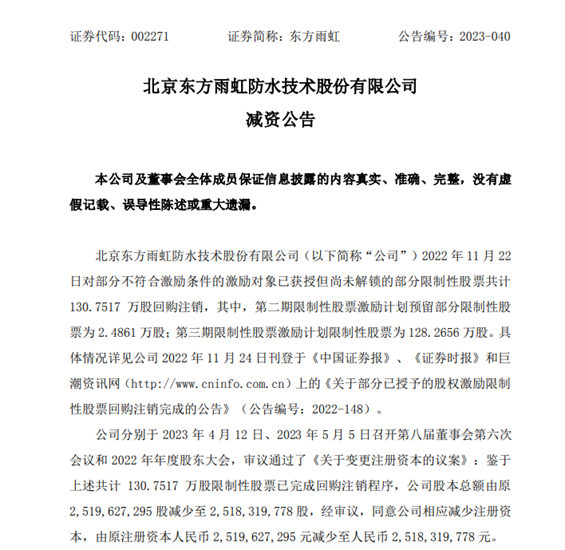 東(dong) 方雨虹減資130萬(wan) 