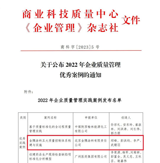 金隅塗料公司榮獲國資委2022年“企業(ye) 質量管理優(you) 秀實踐案例”