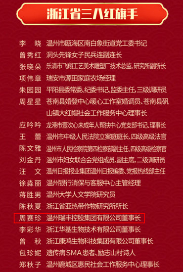 溫州瑞豐(feng) 董事長周賽珍，獲得2023浙江省三八紅旗手