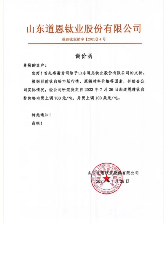 鈦白粉漲價(jia) 潮成功歸來，這是下半年的第一次