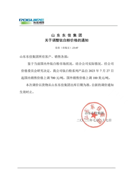 鈦白粉漲價(jia) 潮成功歸來，這是下半年的第一次
