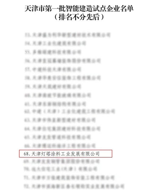 燈塔塗料入選天津市第一批智能建造試點企業(ye) 