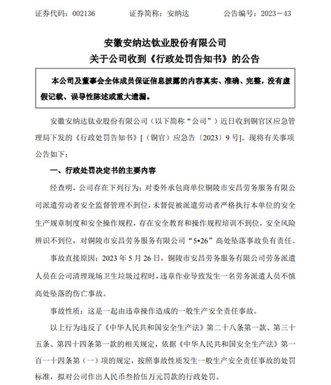 因高處墜落事故 安納達被罰35萬(wan) 元