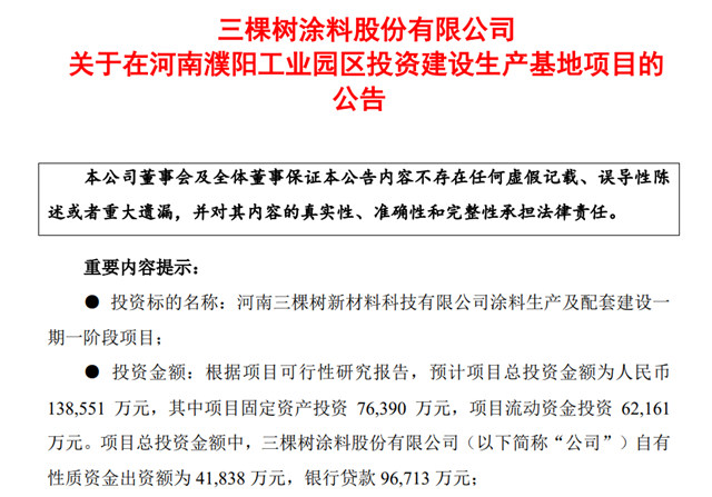 擬投13.86億(yi) 元！三棵樹欲在濮陽建設生產(chan) 基地項目