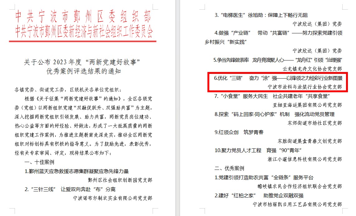 喜獲殊榮  砥礪奮進——寧波塗協黨(dang) 支部榮獲2023年度 鄞州區“兩(liang) 新黨(dang) 建好故事”十佳案例