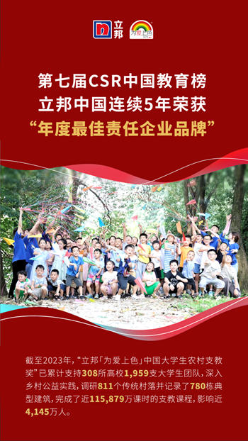 立邦連續5年榮獲CSR中國教育榜“年度最佳責任企業(ye) 品牌”