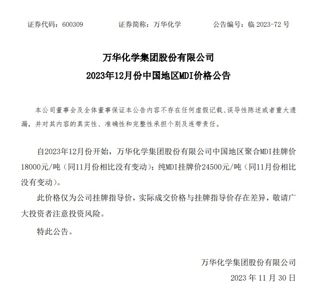 萬(wan) 華化學12月份中國地區MDI價(jia) 格未變
