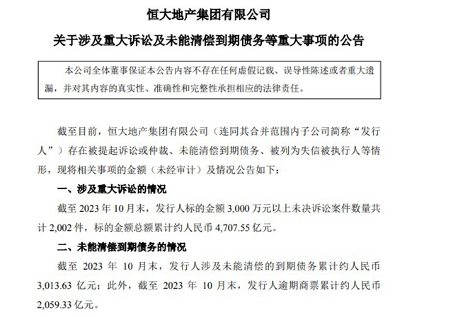 天天打官司要打5年半！恒大地產(chan) 3000萬(wan) 元以上未決(jue) 訴訟案件涉額超4700億(yi) 