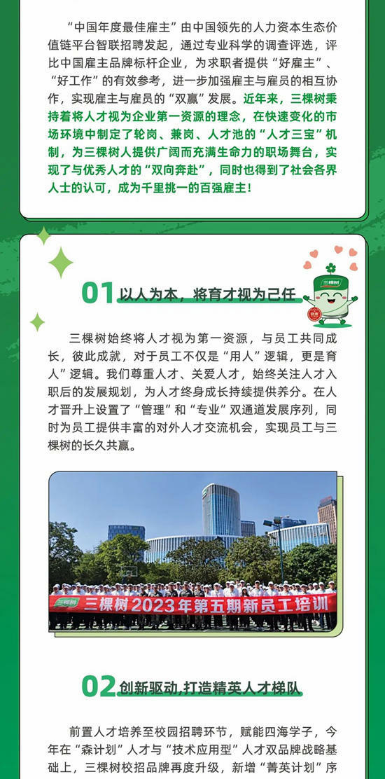 三棵樹連續四年榮獲“中國年度最佳雇主全國百強”獎項