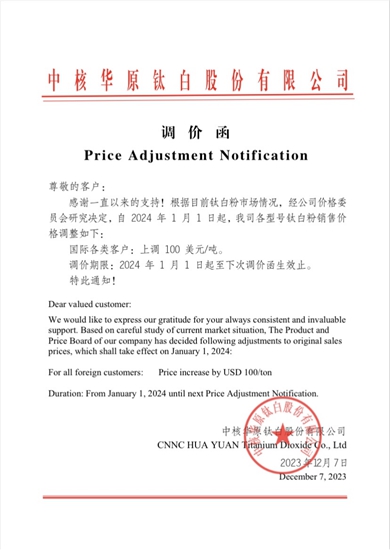 新年第一天，鈦白粉價(jia) 格開漲