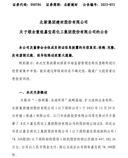 漲幅近30億(yi) ！收購嘉寶莉+股票激勵！北新建材新年開市大漲