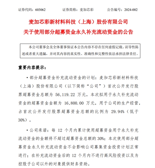 麥加芯彩超募資金1.68億(yi) 擬用於(yu) 永久補充流動資金