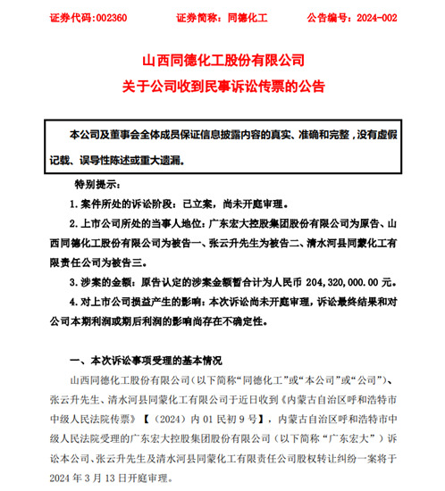 同德化工惹官司！賣子公司價(jia) 高者得，還是該履行契約精神？