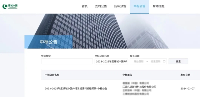 攜手央企控股千億(yi) 房企！久諾中標2023-2025年度綠城中國內(nei) 外牆塗料戰略采購！