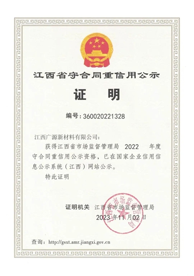 廣源新材料公司榮獲“江西省守合同重信用”單位