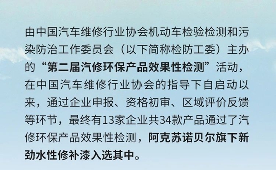 阿克蘇諾貝爾新勁水性汽車修補漆榮獲“中國汽修環保產(chan) 品”稱號！