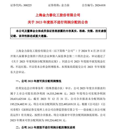 近三年首次實現扭虧(kui) 為(wei) 盈！金力泰1.95億(yi) 元不分紅