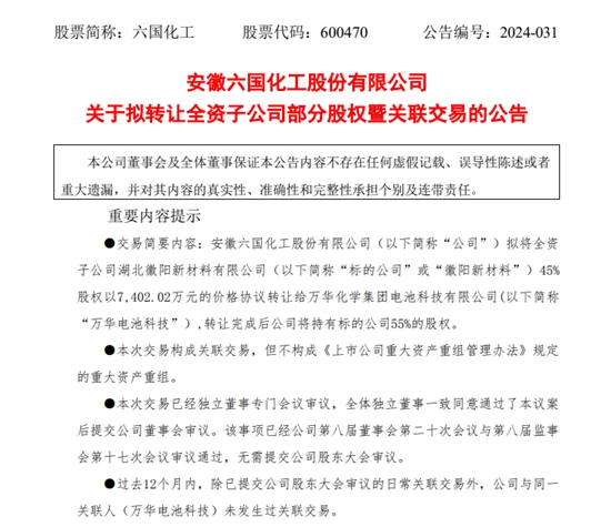 “抱牢”萬(wan) 華化學！六國化工平價(jia) 出讓子公司股權