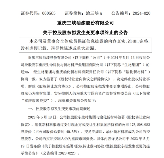 渝三峽A控股股東(dong) 擬發生變更事項終止