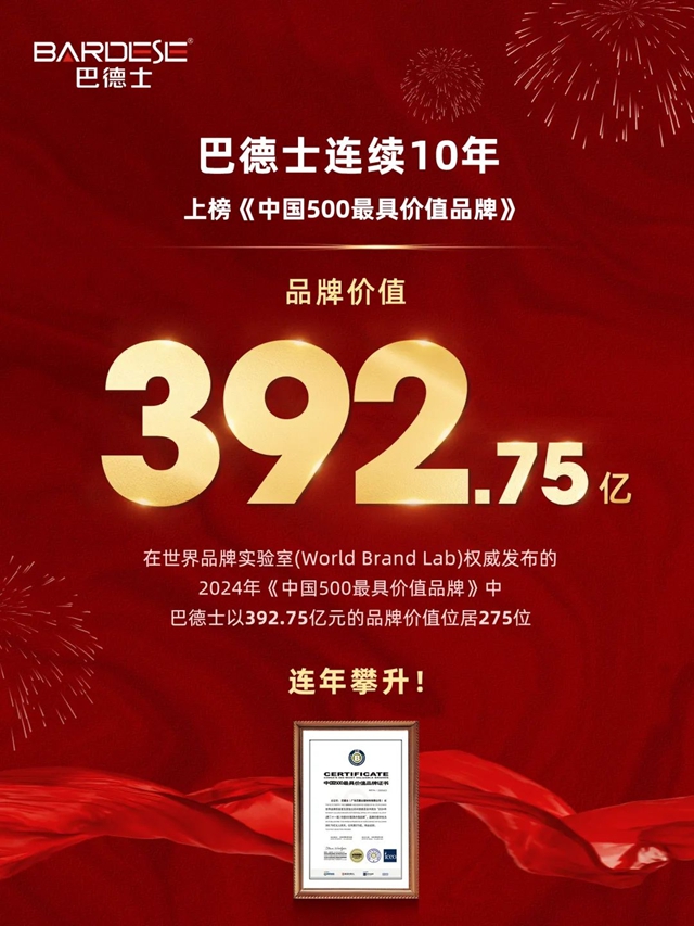 392.75億(yi) ！巴德士連續10年上榜中國500最具價(jia) 值品牌！