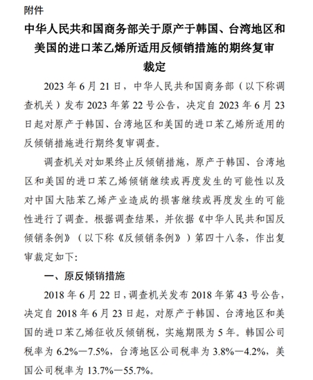 實施期限5年！繼續征收韓美及中國台灣苯乙烯反傾(qing) 銷稅
