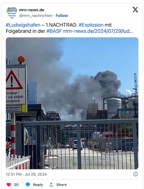 巴斯夫一化工廠突發爆炸，18人受傷(shang) 