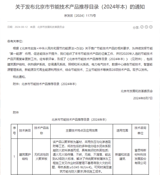 富思特無機改性防火聚苯板入選北京市節能技術產品