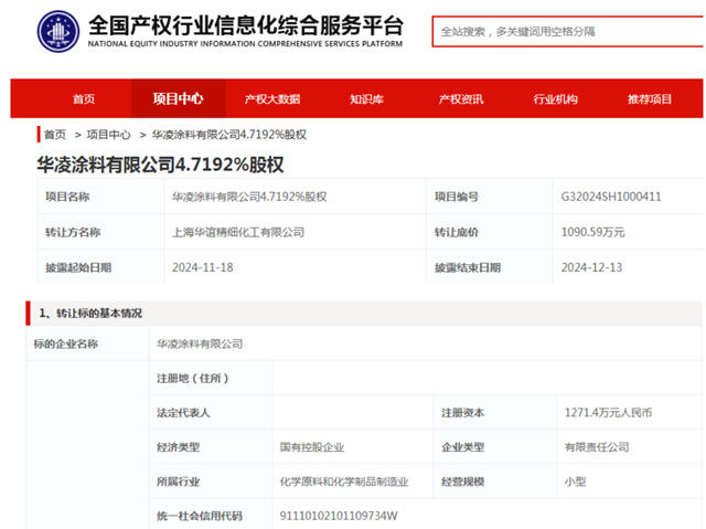 國內第一家塗企“退夥”不幹華淩塗料了？掛牌轉讓4.72%股權