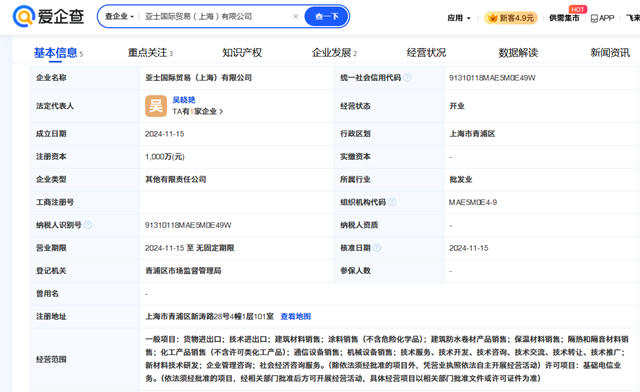 亞士在滬成立國際貿易公司