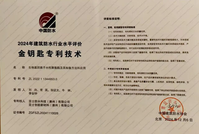 亞士防水榮耀雙收！斬獲“行業領軍企業”與“金鑰匙專利技術”殊榮