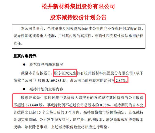 股東汪斌擬減持87萬股，鬆井特事特辦發公告