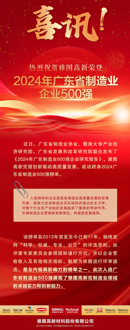 雅圖高新榮登2024年廣東省製造業企業500強