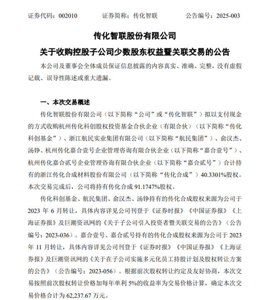 分拆上市無望？傳化智聯擬斥資6.22億元收購傳化合成40.33%股權