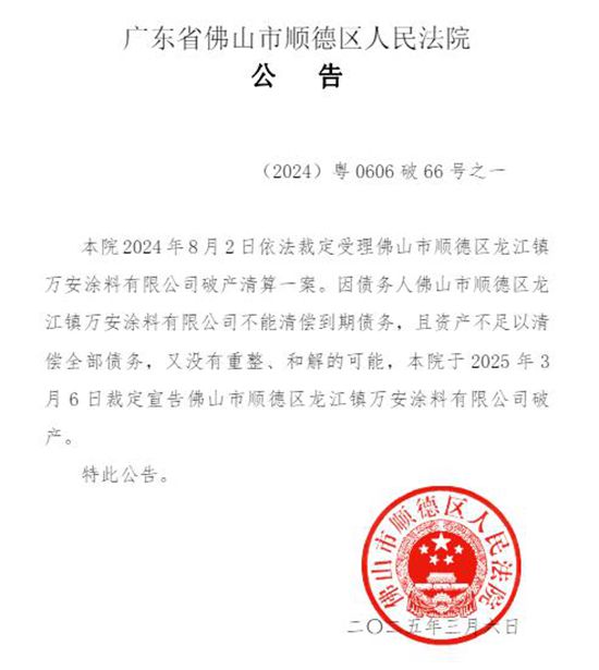 資不抵債！廣東又一家老牌塗料廠破產