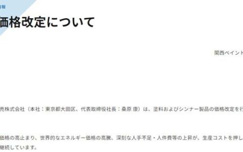 最高漲20%！關西塗料突然宣布漲價