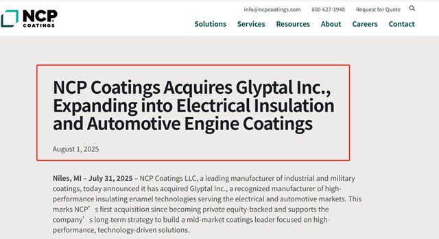 NCP塗料公司吞下Glyptal，進軍電氣絕緣和汽車發動機塗料領域