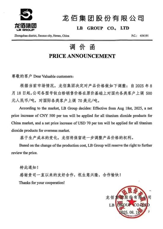 扛不住了？龍佰淨利下降19.53%，緊急提價500元/噸
